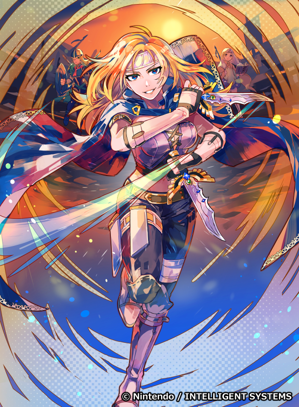 armor blonde_hair blue_armor blue_cape blue_eyes breasts cape cleavage crop_top fingerless_gloves fire_emblem fire_emblem:_radiant_dawn fire_emblem_cipher flag gloves green_hair headband heather_(fire_emblem) ilyana_(fire_emblem) knife light_purple_hair long_hair midriff nephenee_(fire_emblem) nintendo official_art shield smile sunrise yasubaru yellow_cape