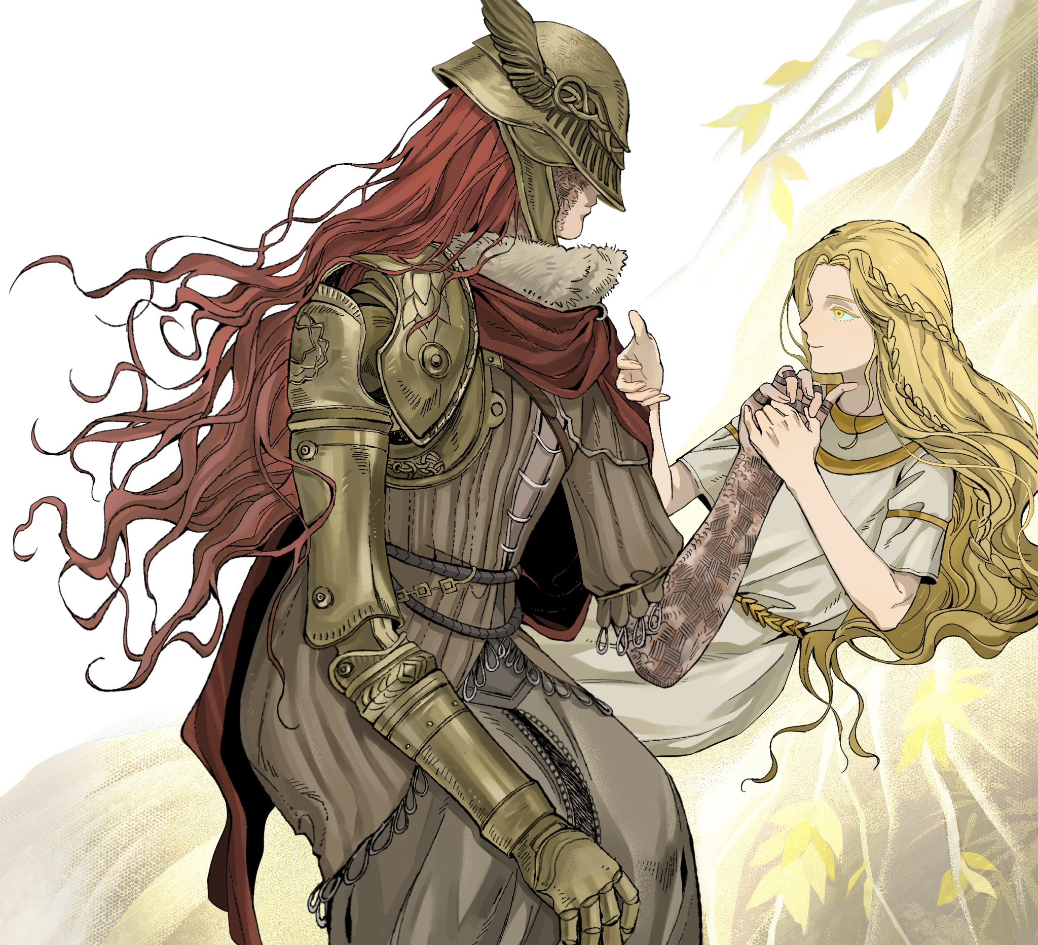 1boy 1girl androgynous blonde_hair brother_and_sister brown_robe cape covered_eyes elden_ring fur-trimmed_cape fur_trim helmet highres invisible_chair long_hair malenia_blade_of_miquella mechanical_arms miquella_(elden_ring) prosthesis prosthetic_arm red_cape red_hair robe scar scar_on_arm scar_on_face siblings single_mechanical_arm sitting smile sqqccca wavy_hair winged_helmet yellow_eyes