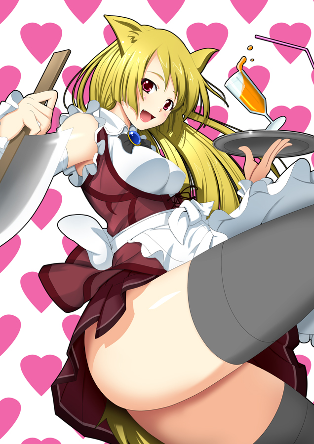 1girl animal_ears apron bad_id bad_pixiv_id bare_shoulders black_thighhighs blonde_hair drinking_straw elbow_gloves fang female_focus from_below glass gloves halcyon heart knife no_panties open_mouth original red_eyes reverse_grip smile solo tail thighhighs tray waitress zettai_ryouiki