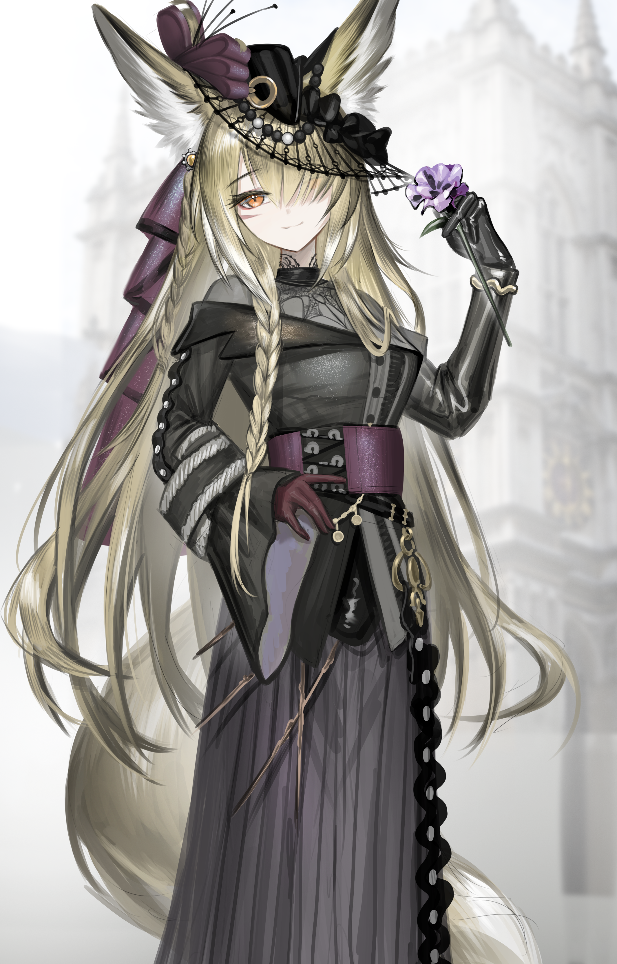 1girl absurdres alternate_costume ambience_synesthesia animal_ear_fluff animal_ears arknights black_dress black_gloves black_hat blonde_hair dress elbow_gloves facial_mark flower fox_ears fox_girl fox_tail gloves hair_over_one_eye hand_on_own_hip hat highres holding holding_flower long_hair looking_at_viewer orange_eyes purple_flower purple_gloves purple_sash sash shale sidelocks single_elbow_glove smile solo tail vulpisfoglia_(arknights)