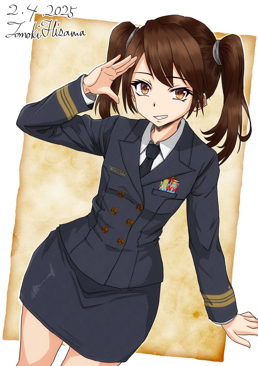 1girl alternate_costume artist_name black_jacket black_necktie black_skirt brown_eyes brown_hair buttons collared_shirt dated double-breasted highres hisamatomoki jacket japan_maritime_self-defense_force japan_self-defense_force kantai_collection long_sleeves looking_at_viewer military military_dress_uniform military_rank_insignia military_uniform naval_dress_uniform naval_uniform necktie one-hour_drawing_challenge ribbon_bar ryuujou_(kancolle) salute shirt skirt solo twintails white_shirt