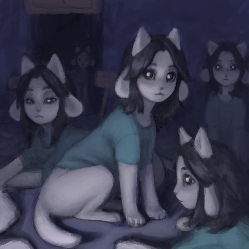 :&lt; animal_ears black_eyes black_hair chair cherrvak creepy extra_ears horror_(theme) looking_at_viewer lying non-web_source shirt sign temmie undertale