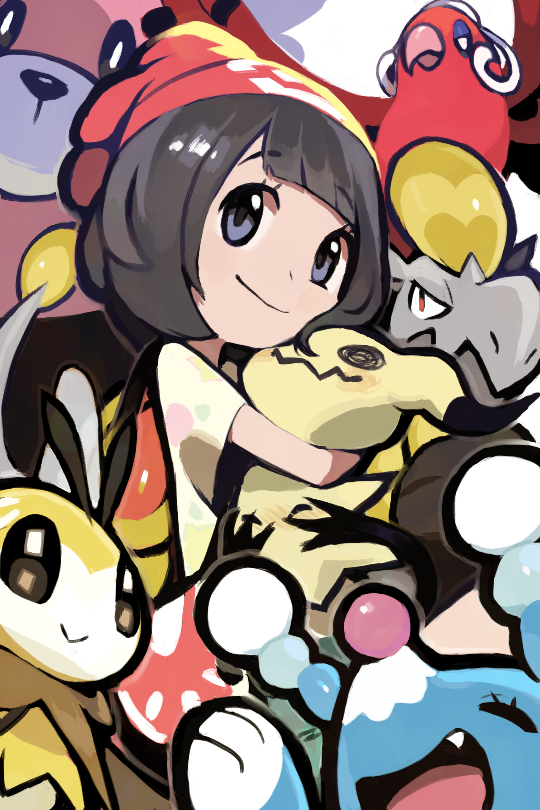 1girl :&gt; ^_^ animal animal_hug antennae bag beanie bear bewear bird black_hair blush brionne closed_eyes clown_nose fang floral_print gen_7_pokemon hakamo-o half-closed_eyes hat looking_at_viewer mimikyu nintendo open_mouth oricorio oricorio_(baile) pokemon pokemon_(creature) pokemon_sm rae_(hexedwithluck) red_hat ribombee selene_(pokemon) shirt short_hair shoulder_bag smile yellow_shirt