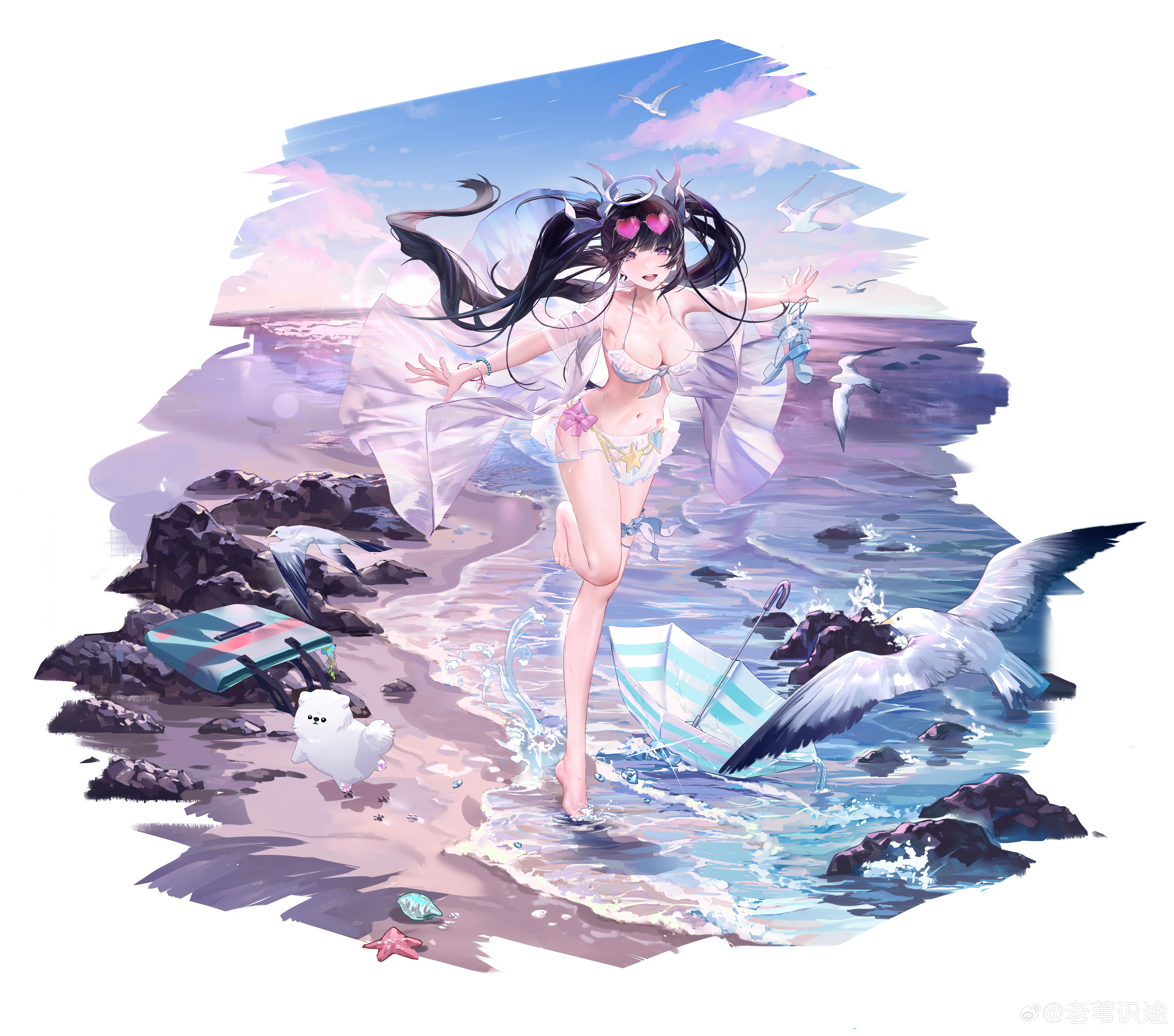 1girl absurdres bag barefoot beach bikini bird black_hair breasts conch dog frilled_bikini frills girls'_frontline girls'_frontline_neural_cloud halo highres laowei_shi_tu large_breasts looking_at_viewer nanaka_(neural_cloud) official_alternate_costume official_art open_mouth outstretched_arms purple_eyes rock seagull see-through_clothes see-through_shawl shawl solo standing standing_on_one_leg starfish swimsuit teeth twintails umbrella upper_teeth_only water white_bikini