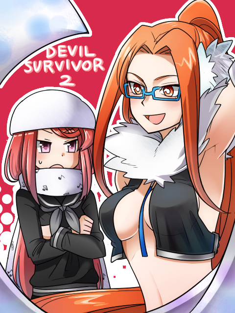 10s 2girls armpits bad_id bad_pixiv_id ban_airi blush breast_envy breasts cleavage devil_survivor_(series) devil_survivor_2 enpera glasses hat kujou_hinako large_breasts long_hair matching_hair/eyes midriff multiple_girls no_bra orange_eyes orange_hair pink_eyes ponytail red_hair scarf sideboob smile yabu_(yb8548)
