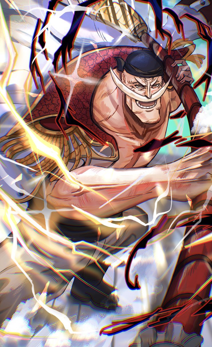 1boy bandana black_bandana coat collared_coat commentary_request edward_newgate electricity epaulettes facial_hair haki_(one_piece) highres holding holding_weapon looking_at_viewer male_focus mustache one_piece open_mouth pepasenpai_toto sash smile solo weapon white_coat