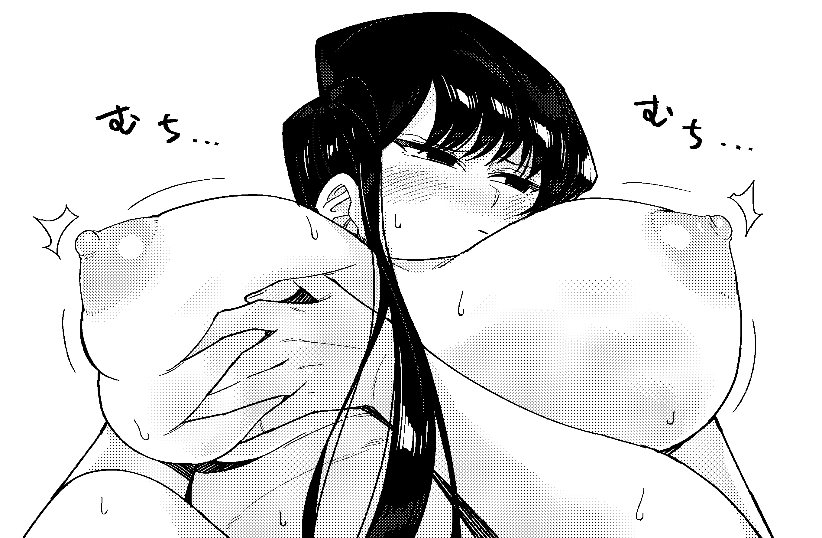 1girl black_eyes black_hair blush breasts from_below greyscale half-closed_eyes highres komi-san_wa_komyushou_desu komi_shouko large_breasts long_hair looking_away monochrome nipples nude simple_background solo tesu underboob upper upper_body white_background