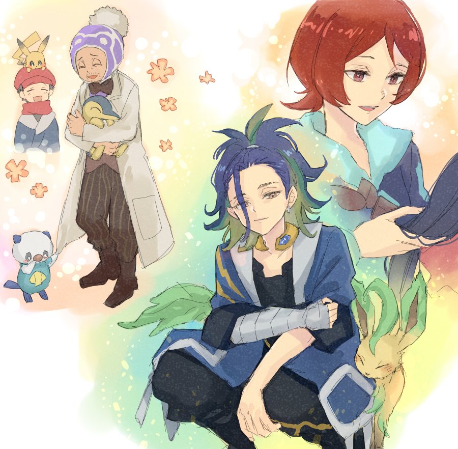 1girl 3boys :d adaman_(pokemon) aqua_hair arezu_(pokemon) bandaged_arm bandages black_bow black_bowtie black_footwear blue_hair bow bowtie brown_eyes closed_mouth cyndaquil dark_blue_hair diamond_clan_outfit earrings eyes_visible_through_hair galaxy_expedition_team_survey_corps_uniform gen_1_pokemon gen_2_pokemon gen_4_pokemon gen_5_pokemon hani_(udauda) hat jewelry lab_coat professor_laventon leafeon light_green_hair medium_hair multicolored_hair multiple_boys neck_ring nintendo on_head open_mouth oshawott pants pikachu pokemon pokemon_(creature) pokemon_legends:_arceus pokemon_on_head red_eyes red_hair red_headwear red_scarf rei_(pokemon) scarf short_hair single_earring smile squatting striped_clothes striped_pants teeth upper_teeth_only vertical-striped_clothes vertical-striped_pants wide_ponytail