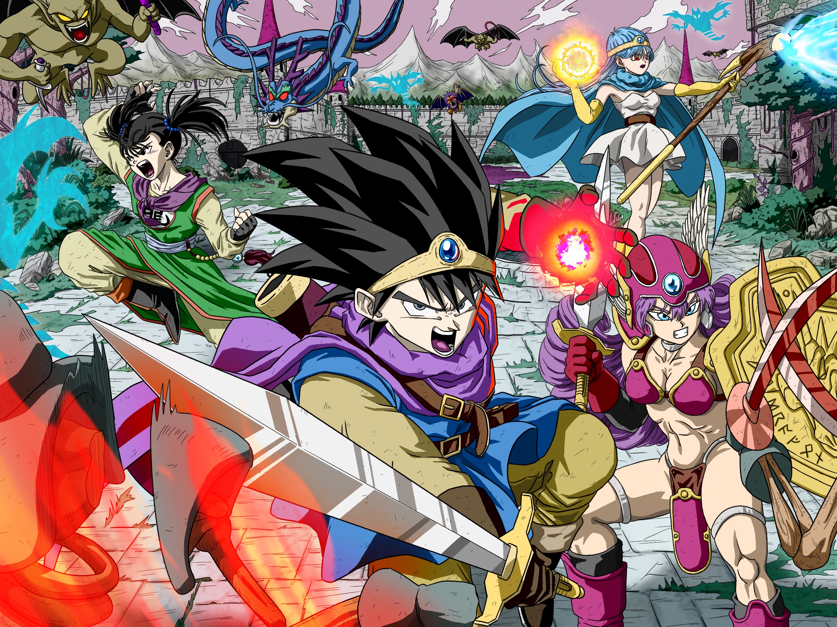 1boy 3girls armor battle bikini_armor black_eyes black_gloves black_hair blue_cape blue_eyes blue_gemstone blue_hair blue_tunic boots breasts brown_gloves cape castle circlet cleavage commentary_request creature_request curly_hair dirty dirty_clothes dougi dragon_quest dragon_quest_iii dress earrings fighting fingerless_gloves gem gloves gold_circlet grey_eyes helmet hero_(dq3) highres holding holding_shield holding_staff holding_sword holding_weapon jewelry looking_at_another looking_at_viewer magic martial_artist_(dq3) midriff moss mountain multiple_girls navel open_mouth outdoors purple_cape purple_hair purple_sky red_armor red_eyes red_helmet roto_(dq3) sage_(dq3) scabbard sheath shield silver_thighlet skeleton sky spiked_hair staff strapless strapless_dress stud_earrings sword thighlet toned toned_female toriyama_akira_(style) tunic twintails v-shaped_eyebrows warrior_(dq3) weapon white_dress winged_helmet yamuchasiyagatte yellow_gloves