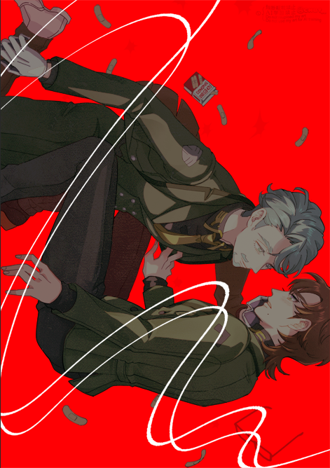 2boys bandaid beard brown_hair challia_bull cnbt collared_shirt facial_hair falling feet_out_of_frame gloves green_eyes grey_hair gundam gundam_gquuuuuux jacket long_sleeves male_focus midair military_jacket military_uniform mole mole_under_mouth multiple_boys mustache necktie red_background shirt short_hair xavier_olivette
