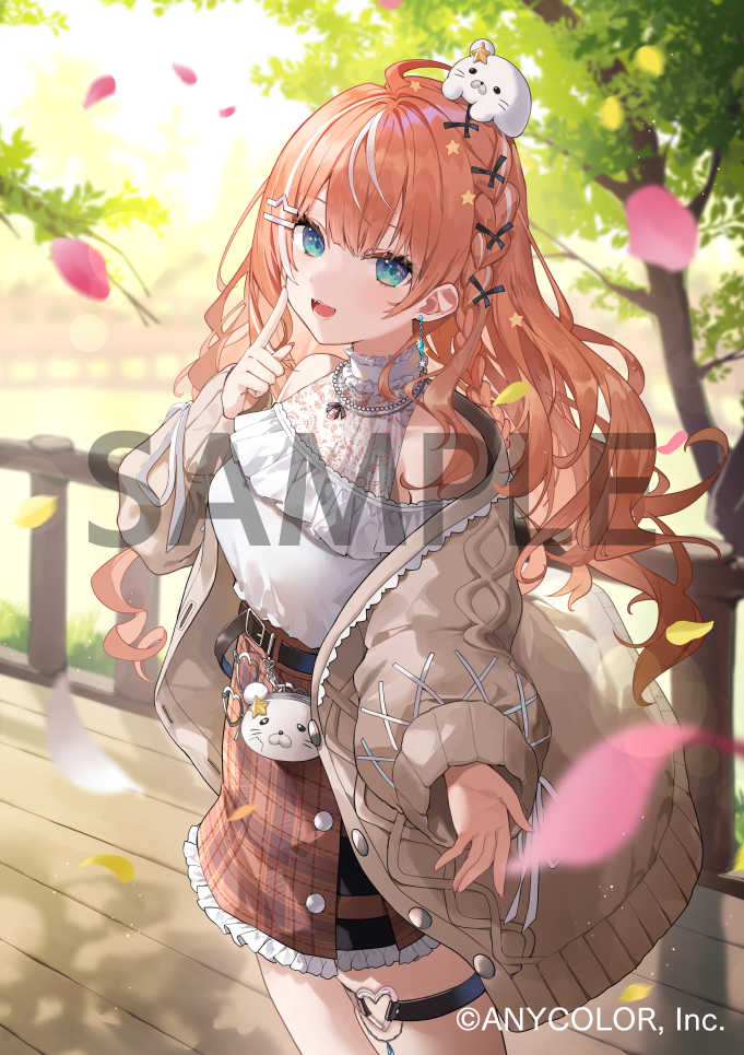 1girl :d ahoge alternate_costume alternate_hairstyle amagasa_yun belt belt_charm black_belt blue_eyes blurry braid breasts bridge brown_jacket brown_skirt commentary_request copyright_notice creature_on_head depth_of_field earrings frilled_skirt frills hair_ornament hair_ribbon hairclip igarashi_rika jacket jewelry lace long_hair looking_at_viewer multicolored_hair necklace nijisanji official_art open_clothes open_jacket open_mouth orange_hair petals plaid_clothes plaid_skirt ribbon sample_watermark shirt skirt smile solo streaked_hair thigh_strap tongue virtual_youtuber watermark white_hair white_shirt