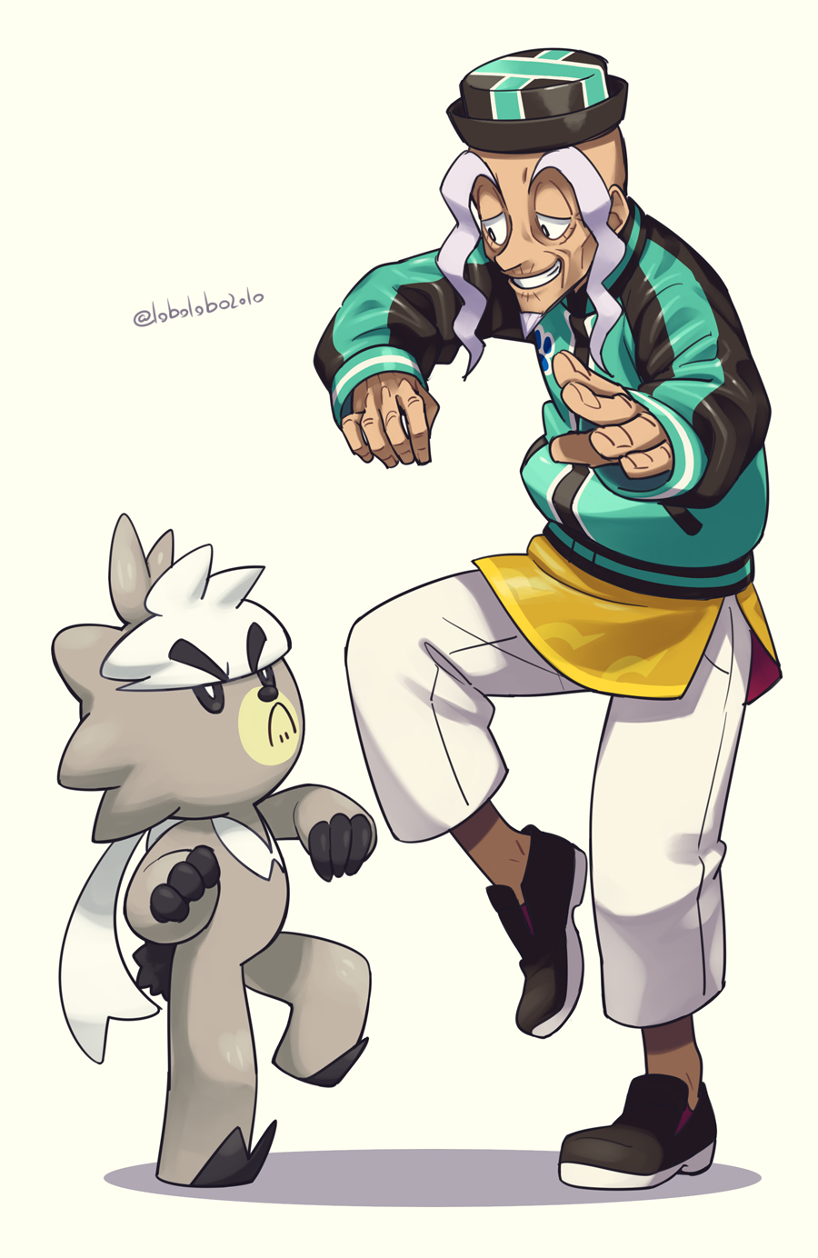 artist_name commentary_request facial_hair gen_8_pokemon green_jacket half-closed_eyes hands_up hat highres jacket kubfu leg_up legendary_pokemon long_eyebrows long_sleeves looking_down momoji_(lobolobo2010) mustard_(pokemon) nintendo old old_man pokemon pokemon_(creature) pokemon_swsh shoes smile teeth watermark