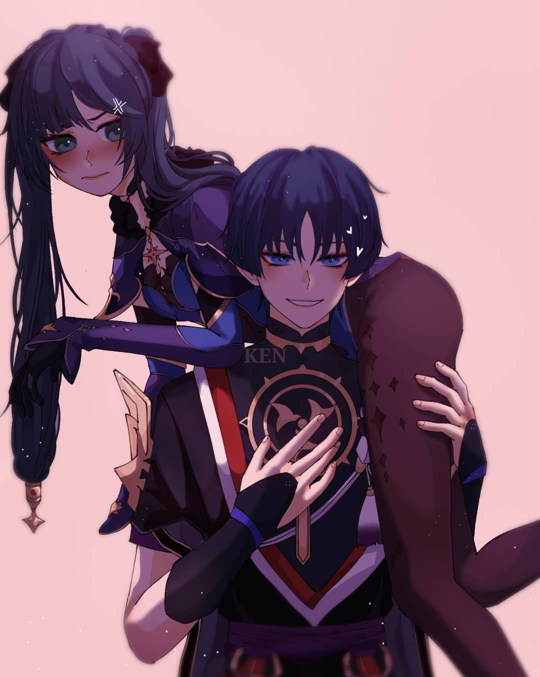 1boy 1girl anger_vein armor asymmetrical_bangs bare_shoulders belt black_choker black_gloves black_shirt black_shorts blue_eyes blue_hair blue_leotard blunt_ends blush bodysuit bodysuit_under_clothes bow brown_bodysuit cape carrying carrying_person choker closed_mouth dark_blue_hair detached_sleeves feet_out_of_frame fingernails fur_collar genshin_impact gloves gold_trim hair_between_eyes hair_bow hair_ornament hand_up hands_up hetero highres japanese_armor jewelry kote kurokote leotard long_hair long_sleeves looking_at_another mandarin_collar mitsudomoe_(shape) mona_(genshin_impact) moriko_ken11 necklace no_headwear parted_bangs pink_background purple_belt purple_bow purple_cape purple_eyes purple_hair scaramouche_(genshin_impact) shirt short_hair short_sleeves shorts simple_background smile sparkle_print standing star_(symbol) star_choker star_hair_ornament star_print teeth thighlet tomoe_(symbol) twintails v-shaped_eyebrows