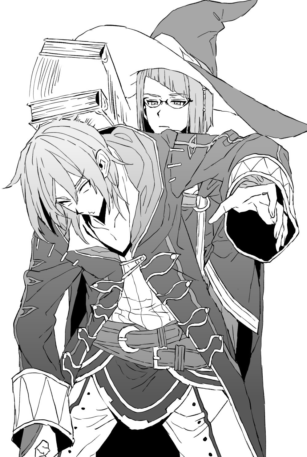 1boy 1girl belt book closed_mouth fire_emblem fire_emblem_awakening glasses greyscale hat highres holding holding_book hood hood_down hooded_robe large_hat long_sleeves looking_at_another male_robin_(fire_emblem) miriel_(fire_emblem) monochrome multiple_belts nintendo official_alternate_hairstyle pants robe short_hair solo_focus tsujii_luki witch_hat