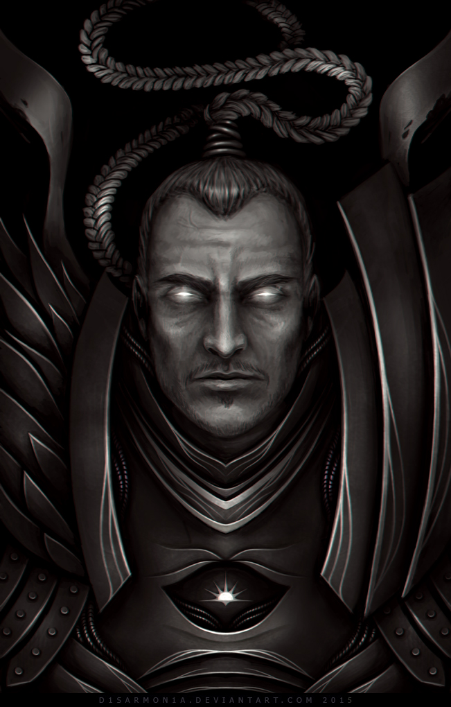 1boy armor black_background braid braided_ponytail breastplate commentary deviantart_username english_commentary facial_hair glowing glowing_eyes greyscale gwalchavad long_hair looking_at_viewer lost_primarch monochrome pauldrons power_armor primarch shoulder_armor simple_background solo veronica_anrathi very_long_hair warhammer_40k watermark web_address white_eyes