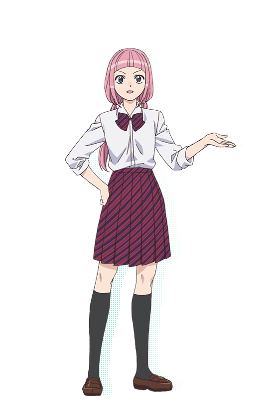 1girl arched_bangs black_socks blue_eyes bow bowtie brown_shoes collared_shirt diagonal-striped_bow diagonal-striped_bowtie diagonal-striped_clothes diagonal-striped_skirt drop_shadow full_body hand_on_own_hip itan_private_high_school_uniform kneehighs komi-san_wa_komyushou_desu loafers long_hair long_sleeves looking_at_viewer low_twintails medium_skirt miniskirt nakajima_atsuko official_art open_mouth pink_hair pleated_skirt red_bow red_bowtie red_skirt school_uniform shirt shoes skirt sleeves_rolled_up socks solo standing striped_clothes transparent_background twintails white_shirt yadano_makeru