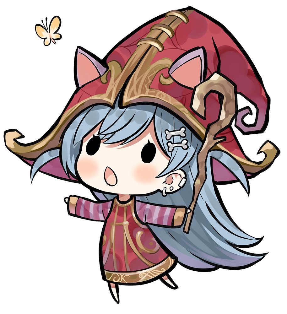 1girl animal barefoot blue_hair blush_stickers bone_hair_ornament bug butterfly capriccio cartoon_bone chestnut_mouth chibi cosplay dress ear_piercing earrings ears_through_headwear full_body hair_between_eyes hair_ornament hat holding holding_staff insect jewelry league_of_legends long_hair lulu_(league_of_legends) lulu_(league_of_legends)_(cosplay) open_mouth piercing red_dress red_hat simple_background solid_oval_eyes solo staff standing standing_on_one_leg striped_sleeves stud_earrings very_long_hair virtual_youtuber vspo! white_background yano_kuromu