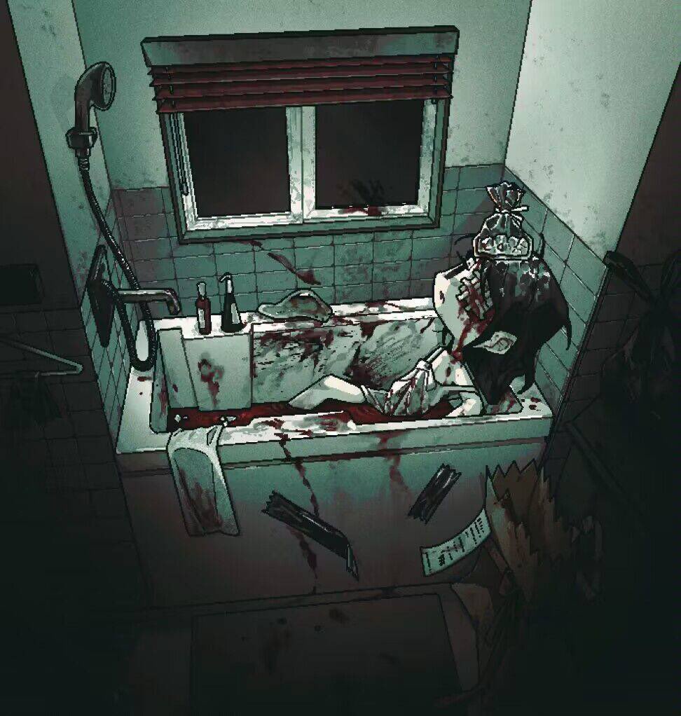 1girl bag bathroom bathtub black_eyes black_hair blood blood_in_water blood_on_clothes blood_on_face blood_on_wall chibi dark dress eyepatch faucet ice_pack indoors injury iolite1018 jaggy_lines jitome medical_eyepatch object_on_head original pale_skin paper_bag reclining shower_head solo strap_slip tape tile_wall tiles towel window window_blinds