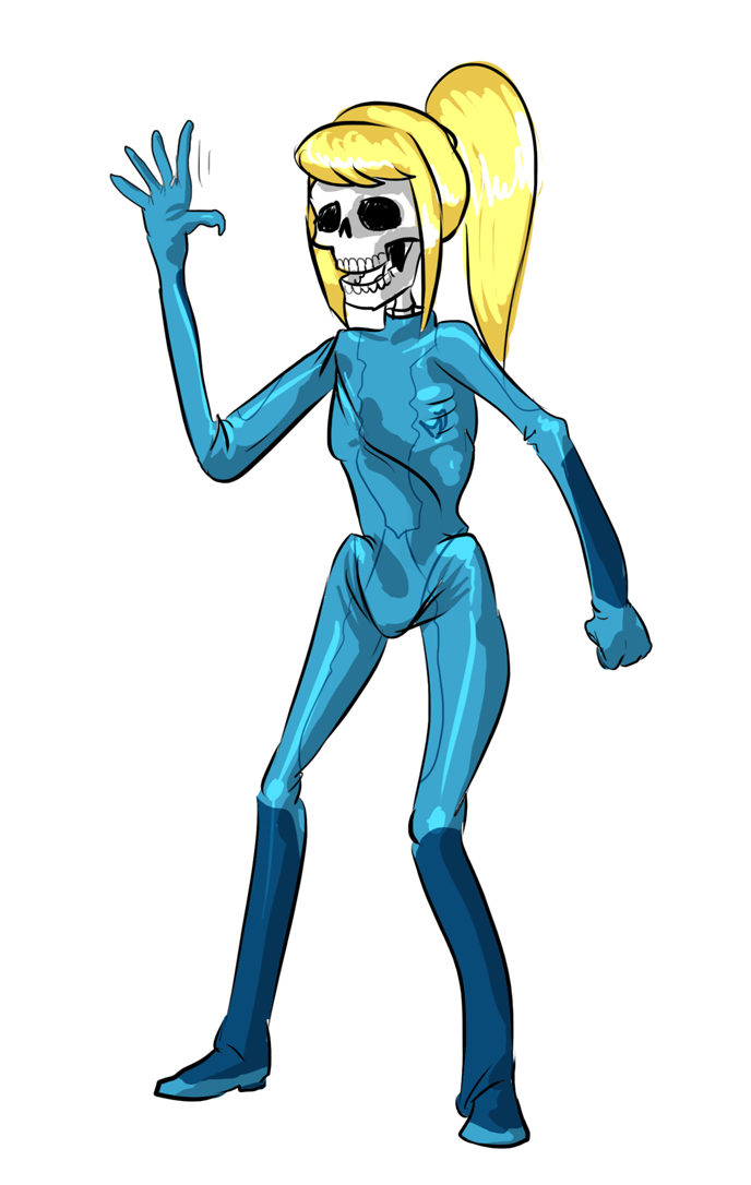 1girl blonde_hair bodysuit calaca dia_de_muertos emaciated female_focus full_body long_hair mario_grant metroid nintendo ponytail samus_aran simple_background skeleton solo waving white_background zero_suit
