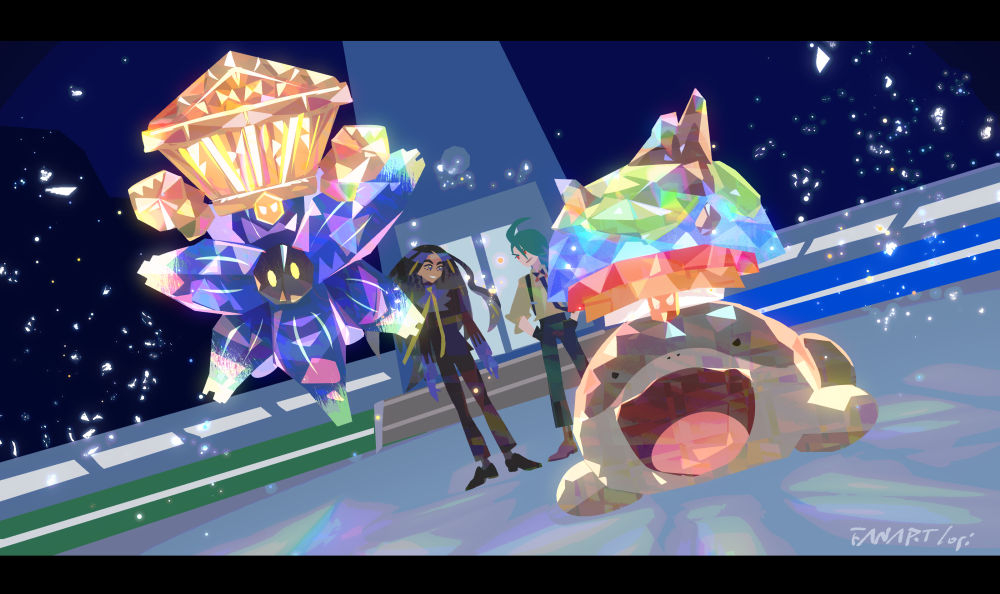 2girls ahoge black_gloves black_hair black_necktie black_pants black_shoes black_suit blue_eyes blue_gloves brown_shirt brown_shoes clodsire closed_mouth commentary_request creatures_(company) dark-skinned_female dark_skin dutch_angle floating formal_clothes game_freak geeta_(pokemon) glimmora gloves green_hair letterboxed logi_bunbukucha long_hair long_sleeves multiple_girls necktie nintendo open_mouth pants pokemon pokemon_(creature) pokemon_focus pokemon_sv red_eyes rika_(pokemon) shirt shoes smile sparkle standing suit terastallization yellow_eyes
