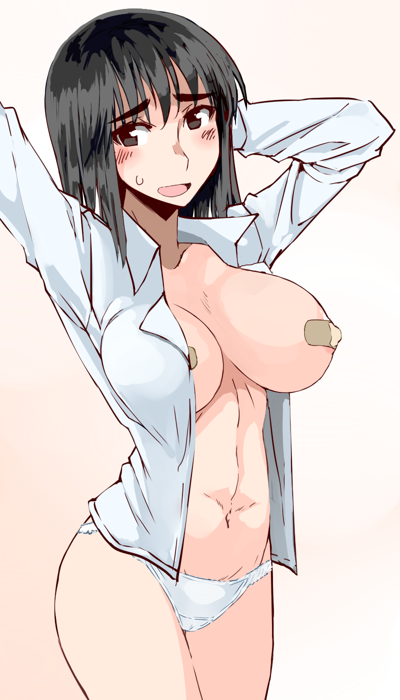 00s 1girl arms_up bandaid bandaids_on_nipples black_eyes black_hair blush breasts cosaten cowboy_shot female_focus highres large_breasts looking_at_viewer navel nipples open_clothes open_mouth open_shirt panties pasties school_rumble shirt simple_background solo suou_mikoto_(school_rumble) sweatdrop thighs underwear white_panties