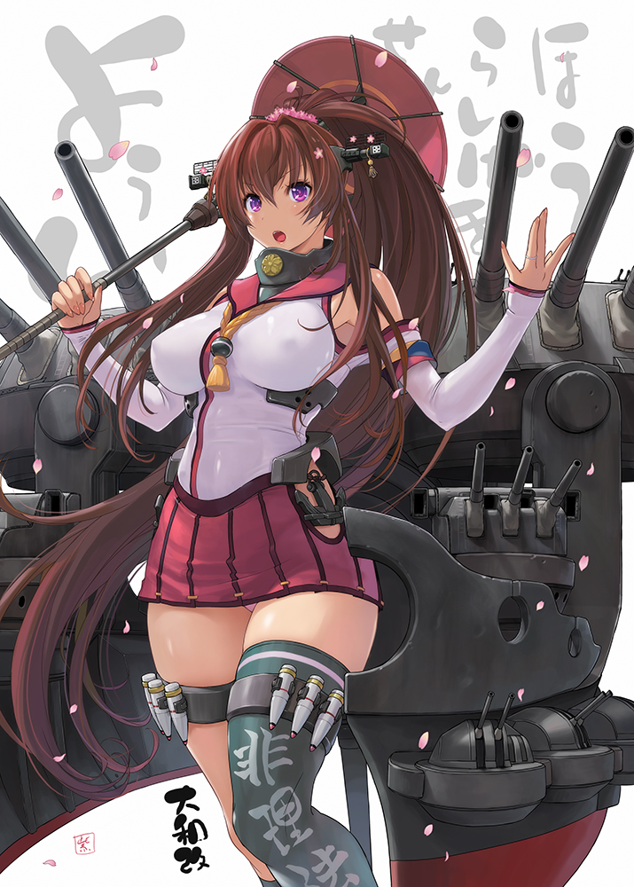 10s 1girl anchor breasts brown_hair cherry_blossoms detached_sleeves female_focus hair_between_eyes hair_intakes headgear hip_vent jewelry kantai_collection large_breasts miniskirt nyanko_batake oil-paper_umbrella open_mouth panties pantyshot petals pink_panties pleated_skirt purple_eyes red_skirt rigging ring ship_turret simple_background single_thighhigh skirt sleeves_past_wrists solo standing text_background thighhighs thighs umbrella underwear upper_body wedding_band white_background yamato_(kancolle) z-flag