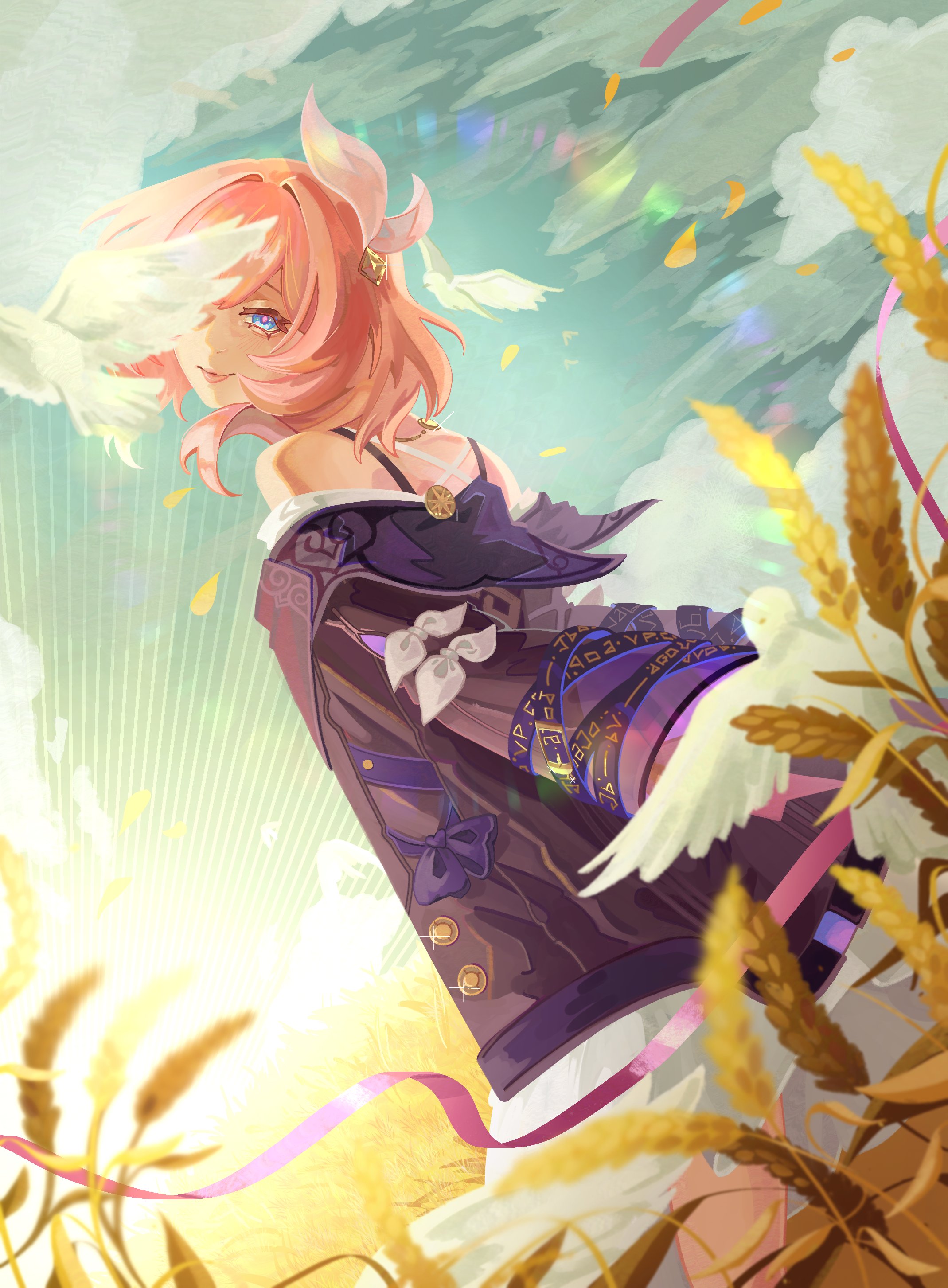 1girl absurdres bare_shoulders bird blue_eyes blue_sky cloud coat commentary cyrene_(honkai:_star_rail) english_commentary hair_ornament highres honkai:_star_rail honkai_(series) looking_at_viewer nicsdoodles outdoors pink_hair pink_pupils purple_coat short_hair sky smile solo wheat wheat_field white_bird