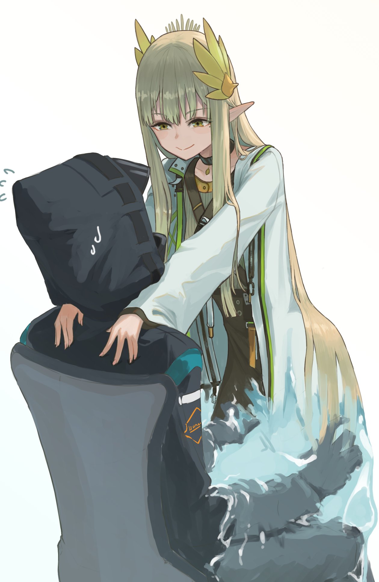 1girl 1other arknights black_gloves blonde_hair chair closed_mouth coat doctor_(arknights) flying_sweatdrops gloves highres hood izumo_(ton_63) long_hair long_sleeves looking_at_another muelsyse_(arknights) open_clothes open_coat pointy_ears sitting smile sweat white_background