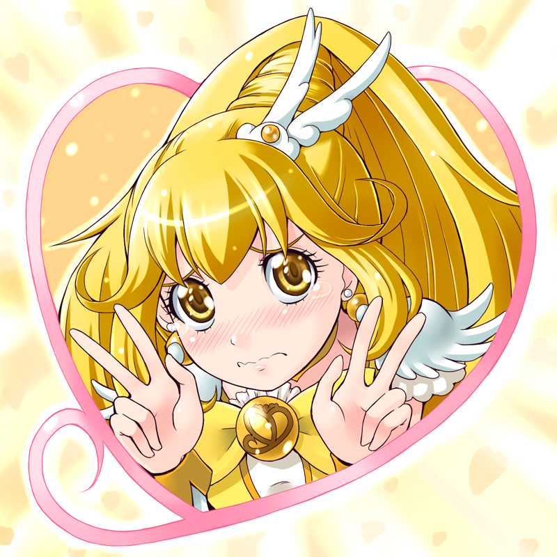 10s 1girl blonde_hair blush bow cure_peace double_v earrings eyelashes female_focus hair_flaps jewelry kise_yayoi long_hair magical_girl precure ribbon smile_precure! solo tears v wavy_mouth wide_ponytail yaso_shigeru yellow_bow yellow_eyes yellow_theme