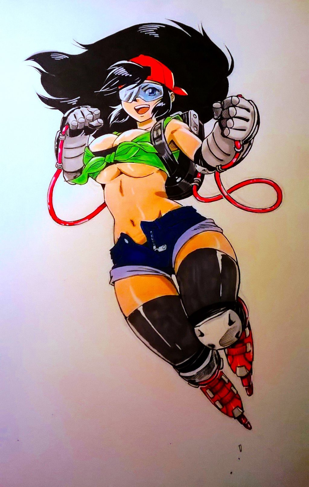 1girl black_hair blue_eyes breasts highres long_hair midriff tina_otto twistedterra