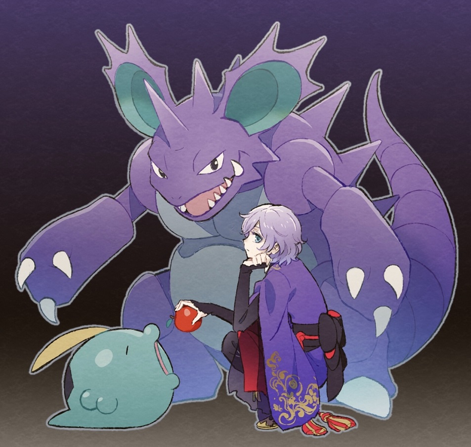 1boy blue_eyes commentary_request crossover epel_felmier feeding food fruit full_body funuyu game_freak gen_1_pokemon gen_3_pokemon gradient_background gulpin holding holding_food holding_fruit looking_at_viewer male_focus nidoking nintendo pokemon pokemon_(creature) purple_background purple_hair purple_robe robe short_hair simple_background solo squatting twisted_wonderland