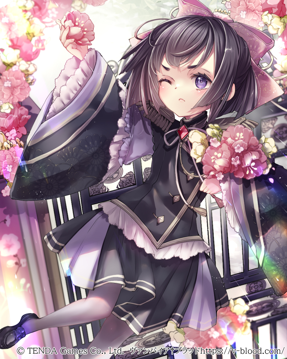1girl black_hair black_shirt black_shoes black_skirt blush bow chizuru_misen closed_mouth commentary_request copyright_name copyright_notice dated epaulettes flower foot_out_of_frame frown gate hair_bow hane_segawa highres holding holding_flower loafers long_sleeves official_art one_eye_closed outdoors pantyhose pink_bow pink_flower purple_eyes shirt shoes skirt solo two-tone_skirt vampire_blood white_pantyhose white_skirt wide_sleeves yellow_flower