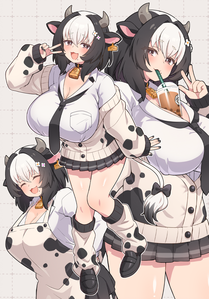 animal_ears animal_print apron bell black_hair black_necktie blush breasts bright_pupils brown_eyes bubble_tea bubble_tea_challenge cardigan choker cleavage cow_ears cow_girl cow_horns cow_print cow_print_apron cow_print_jacket cowbell ear_tag flower_hairpin grey_background grid_background gyaru horns huge_breasts jacket kogal leg_warmers loafers miniskirt mole mole_under_mouth multicolored_hair multiple_views neck_bell necktie open_cardigan open_clothes open_mouth original print_apron print_jacket shirt shoes skirt sleeves_past_wrists smile two-tone_hair ug_(nekonekodou) v white_hair white_pupils white_shirt