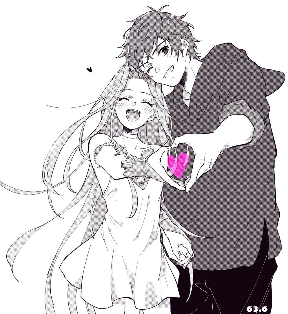 1boy 1girl 63_rok blush bridal_gauntlets closed_eyes cowboy_shot dress gran_(granblue_fantasy) granblue_fantasy greyscale grin heart heart_hands holding_hands hood hoodie long_hair lyria_(granblue_fantasy) monochrome one_eye_closed pants short_hair smile teeth
