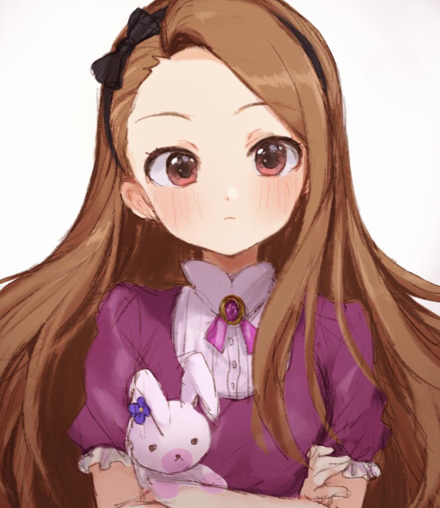 1girl black_hairband blush breasts brown_hair closed_mouth crossed_arms dot_nose frilled_shirt frills hairband hands_up holding holding_stuffed_toy idolmaster idolmaster_(classic) idolmaster_million_live! idolmaster_million_live!_theater_days kuromitsu_maria long_hair looking_at_viewer minase_iori purple_shirt red_eyes shirt short_sleeves simple_background small_breasts solo stuffed_animal stuffed_rabbit stuffed_toy upper_body usa-chan_(idolmaster) white_background