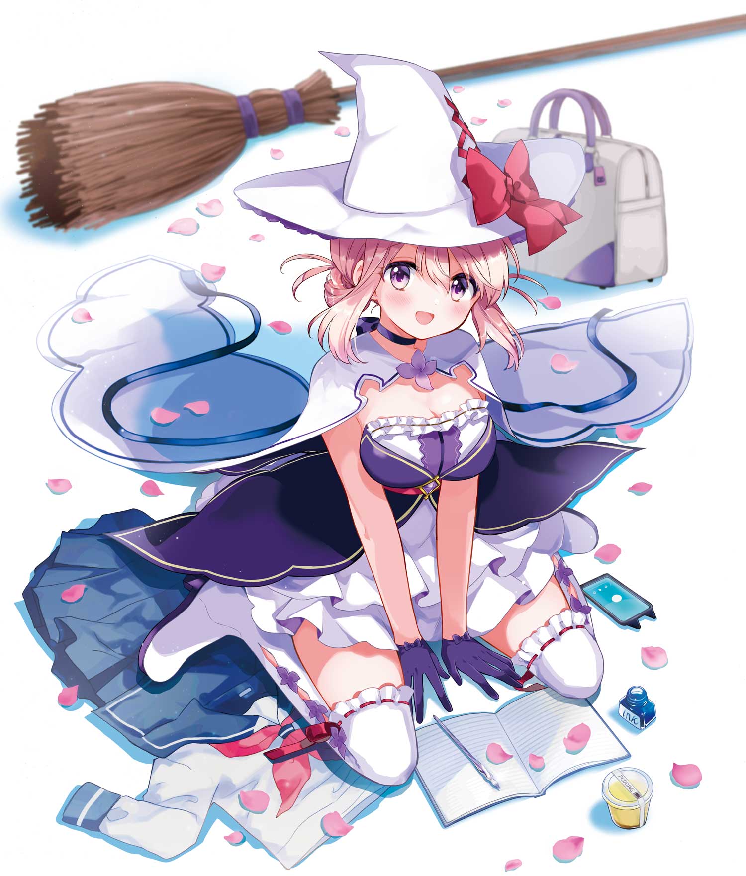 1girl bag black_choker black_gloves blush boots breasts broom cherry_blossoms choker cleavage cloak commentary_request cover_image dress food frilled_dress frills gloves hair_between_eyes hair_bun hara_yui hat highres large_breasts light_brown_hair long_hair looking_at_viewer majo_wa_mangetsu_ni_saku minato_shima notebook open_mouth pen phone pink_petals pudding purple_eyes sailor_collar sailor_shirt shirt sidelocks simple_background single_hair_bun sitting smile solo thigh_boots wariza white_background white_boots white_cloak white_dress white_hair witch witch_hat