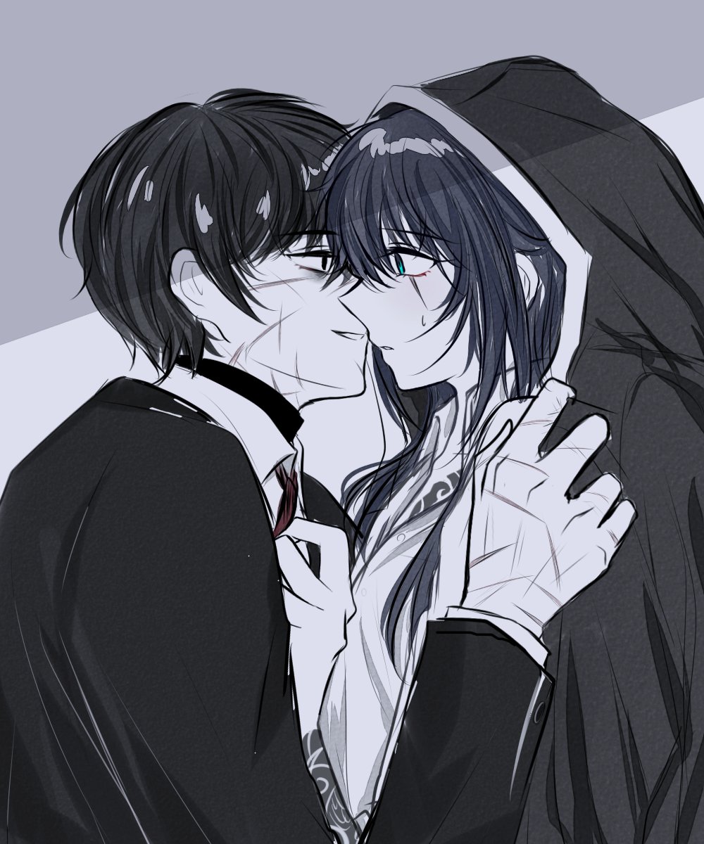 2boys black_coat black_eyes black_hair blade_lineage_(identity)_(project_moon) blue_eyes blue_hair cloak coat collared_shirt double-parted_bangs from_side greyscale hand_on_another&#039;s_chest hand_on_another&#039;s_shoulder highres hong_lu_(project_moon) hood hood_up hug implied_yaoi irezumi kurokumo_clan_(identity)_(project_moon) limbus_company looking_at_another monochrome multiple_boys multiple_scars muted_color necktie partially_colored pipi_tt project_moon red_necktie scar scar_across_eye scar_on_face scar_on_hand shirt sidelocks tattoo tattoo_sleeve upper_body yi_sang_(project_moon)