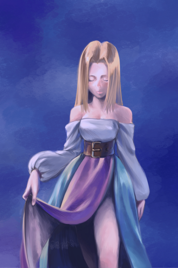 1girl bad_id bad_pixiv_id bare_shoulders belt blonde_hair closed_eyes clothes_lift dress dress_lift female_focus final_fantasy final_fantasy_tactics gradient_background hajime_(pixiv695496) long_hair reis_duelar solo uyama_hajime