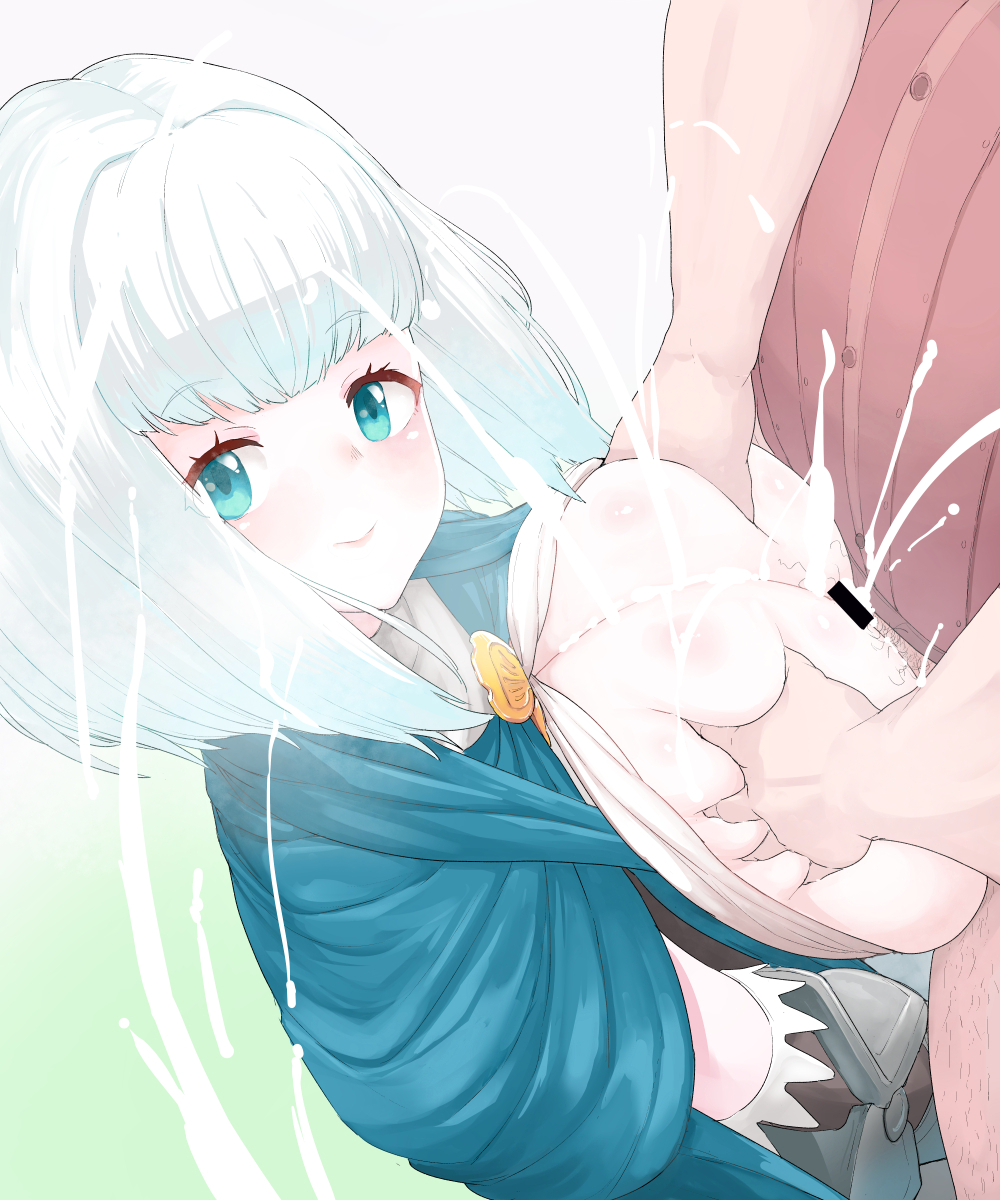 1boy 1girl bar_censor bottomless breasts breasts_out censored clothed_sex clothes cum cum_on_body cum_on_breasts cum_on_upper_body ejaculation grabbing_another&#039;s_breast gradient_background green_eyes groping hetero highres huge_breasts long_hair male_pubic_hair medium_hair paizuri pt pubic_hair sex sharon_(unicorn_overlord) sitting smile unicorn_overlord white_hair