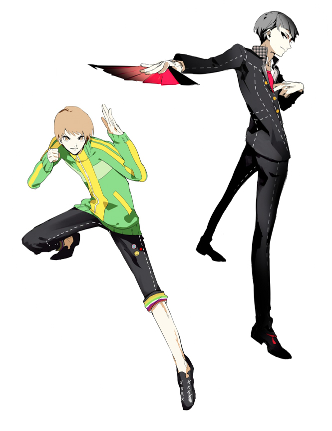 2boys amagi_yukiko atlus bad_id bad_pixiv_id black_eyes black_hair brown_eyes brown_hair hand_fan folding_fan genderswap genderswap_(ftm) jacket lapel_pin multiple_boys persona persona_4 satonaka_chie school_uniform serori smirk