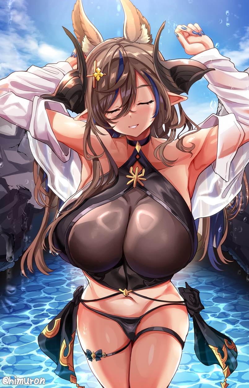 1girl animal_ears armpits arms_up bare_shoulders bikini black_bikini blue_hair blue_nails blue_sky blush breasts brown_hair closed_eyes commentary_request cross_hair_ornament day galleon_(granblue_fantasy) granblue_fantasy hair_between_eyes hair_ornament highres himuro_shunsuke horns large_breasts long_sleeves multicolored_hair nail_polish navel outdoors parted_lips sky smile solo streaked_hair swimsuit thigh_strap thighs water