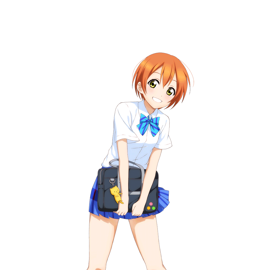 1girl bag bag_charm blue_bow blue_bowtie blue_skirt blush bow bowtie brown_cat charm_(object) cowboy_shot diagonal-striped_bow diagonal-striped_bowtie diagonal-striped_clothes dress_shirt grin holding holding_bag hoshizora_rin looking_at_viewer love_live! love_live!_school_idol_festival love_live!_school_idol_project miniskirt official_art orange_hair otonokizaka_school_uniform plaid_clothes plaid_skirt pleated_skirt school_bag school_uniform shirt short_hair short_sleeves skirt smile solo standing striped_clothes stuffed_animal stuffed_cat stuffed_toy summer_uniform transparent_background white_shirt yellow_eyes