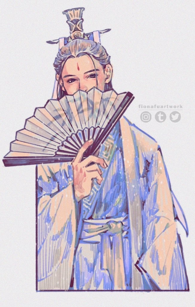 1boy artist_name chinese_clothes facial_mark fiona_fu folding_fan forehead_mark grey_background grey_eyes hand_fan hanfu holding holding_fan layered_clothes leaf_print long_hair long_sleeves male_focus print_folding_fan renzha_fanpai_zijiu_xitong robe shen_qingqiu simple_background upper_body watermark white_hanfu wide_sleeves xiao_guan_(headdress)