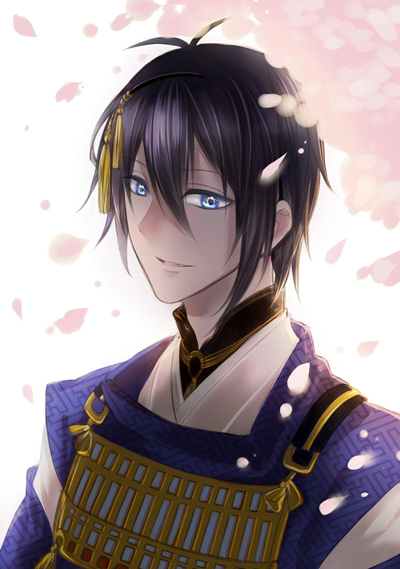 1boy antenna_hair armor black_hair blue_eyes chinese_commentary commentary_request falling_petals hair_ornament japanese_armor japanese_clothes male_focus mikazuki_munechika petals portrait qixiang_seren smile solo touken_ranbu