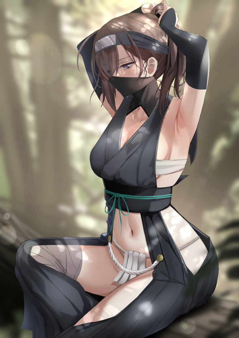1girl armpits arms_up bandaged_leg bandages blurry blurry_background breasts bridal_gauntlets brown_eyes brown_hair collarbone dappled_sunlight day depth_of_field fundoshi headband japanese_clothes kesoshirou large_breasts log long_hair looking_away looking_down mask mole mole_under_eye mouth_mask navel ninja original outdoors ponytail revealing_clothes sarashi sideboob simple_background sitting solo sunlight tying_hair