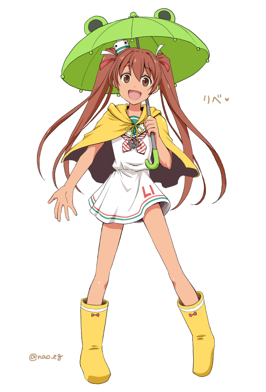 1girl anchor_ornament boots brown_eyes brown_hair cape commentary_request dark-skinned_female dark_skin dress full_body green_umbrella hat hood hooded_cape kantai_collection libeccio_(kancolle) long_hair mini_hat nao_(nao_eg) neckerchief open_mouth rubber_boots sailor_collar sailor_dress short_dress simple_background sleeveless sleeveless_dress smile solo striped_neckerchief tan twintails umbrella white_background white_sailor_collar yellow_boots yellow_cape
