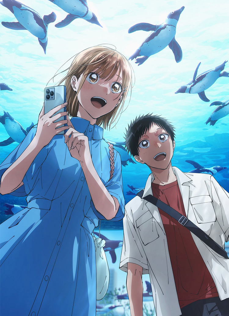 1boy 1girl :d ao_no_hako aquarium arm_at_side bag bird black_hair black_pants blu-ray_cover blue_dress breast_pocket brown_eyes brown_hair button_dress buttons caustics cellphone collared_dress collared_shirt cover drawstring drawstring_bag dress dvd_cover hair_behind_ear hands_up holding holding_phone indoors inomata_taiki kano_chinatsu looking_ahead official_art open_clothes open_mouth open_shirt pants penguin phone pocket red_shirt second-party_source shirt shirt_tucked_in shirt_under_shirt short_hair short_sleeves shoulder_strap sidelocks smartphone smile spiked_hair standing tanino_miho teeth upper_teeth_only very_short_hair water white_shirt