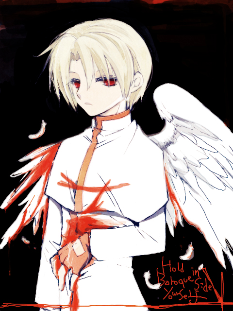 angel_wings archangel_(baroque) baroque_(series) bleeding blonde_hair blood deep_wound empty_eyes feathers gloves injury red_eyes robe tbing1 white_robe white_wings wings