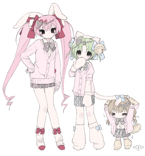 3girls animal_ears animal_hat arms_up bad_id bad_twitter_id bow bow_legwear brown_hair cardigan cat_ears cat_hat cat_tail child closed_eyes covering_own_mouth dejiko di_gi_charat dice_hair_ornament full_body green_hair hair_bow hair_ornament hand_on_own_hip hat hat_bell long_hair long_sleeves looking_at_viewer low_twintails miniskirt multiple_girls paw_shoes pink_eyes pink_hair pleated_skirt puchiko rabbit_ears school_uniform short_hair skirt socks tail twintails u_emper usada_hikaru very_long_hair