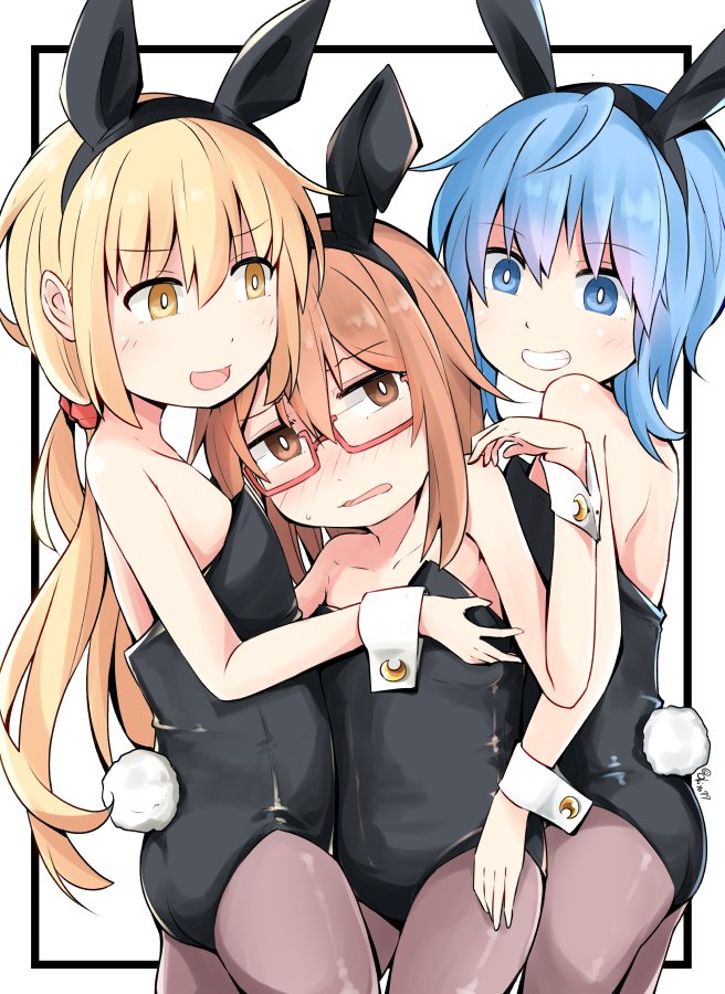 animal_ears blonde_hair blue_eyes blue_hair brown_eyes brown_hair collarbone crescent crescent_pin glasses kantai_collection leotard long_hair medium_hair minazuki_(kancolle) mochizuki_(kancolle) okitarou_(okiyo) oversized_clothes playboy_bunny rabbit_ears rabbit_tail satsuki_(kancolle) tail wrist_cuffs